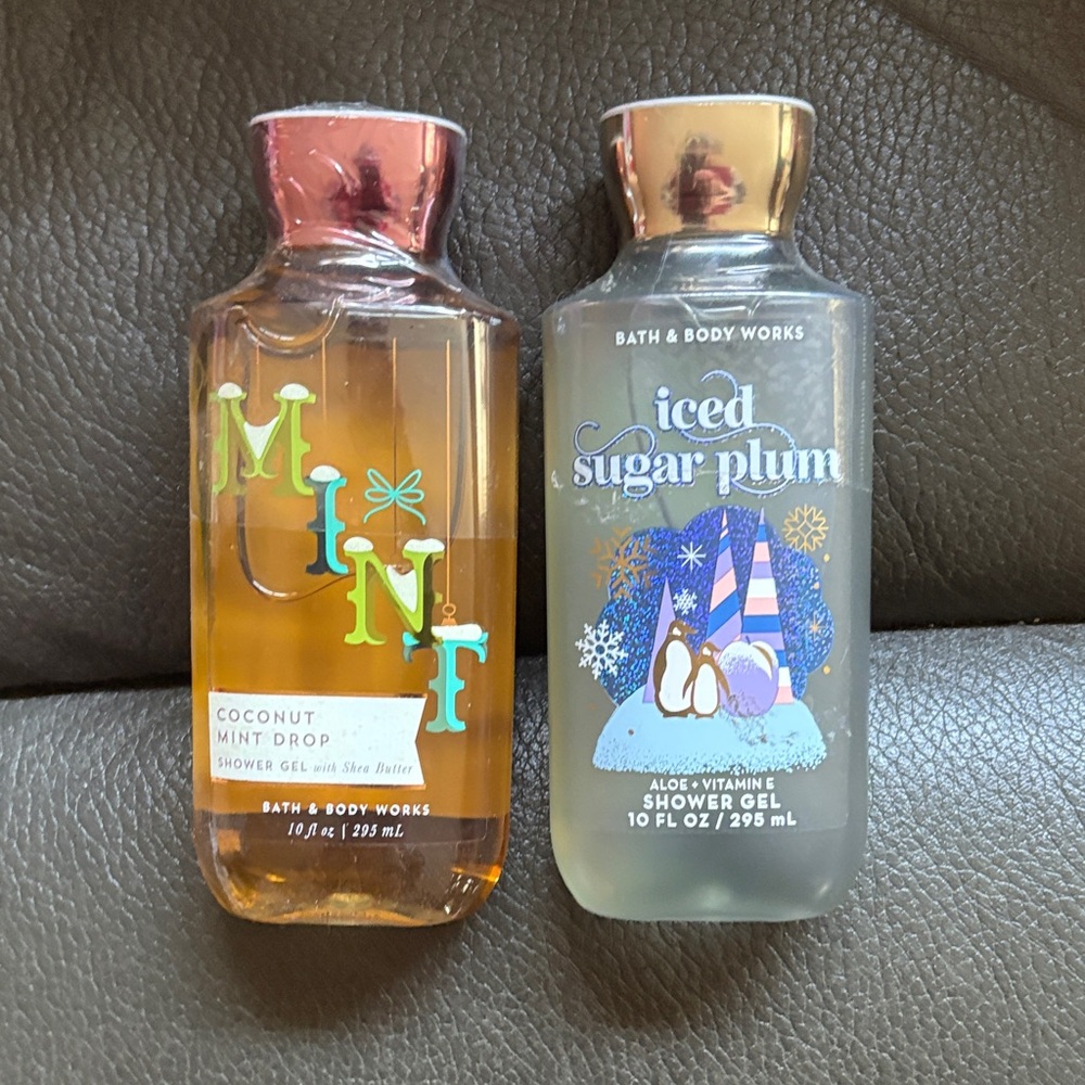Bath and body winter shower gels in coconut mint drop and iced sugar plum